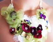 Wearable art - Once upon a time . romantic and delicate floral bib statement necklace one of a kind fiber art by MGMart