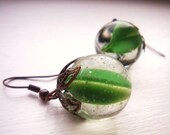 Vintage Glass Marbles Earrings - green cats eye . one of a kind earrings