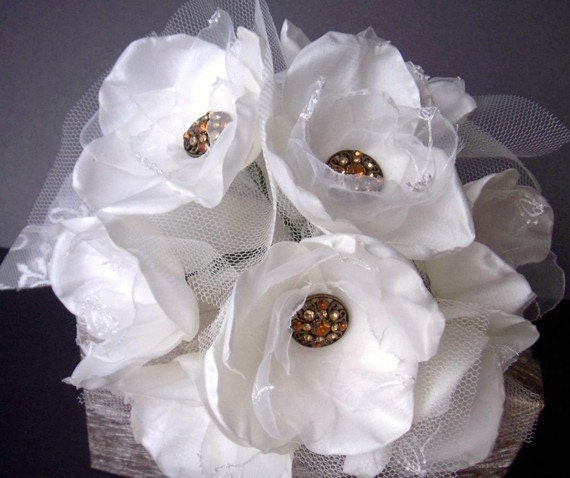 Bridal Bouquet - handmade fiber art organza, taffeta and tulle flowers with vintage rhinestone buttons - One Of A Kind