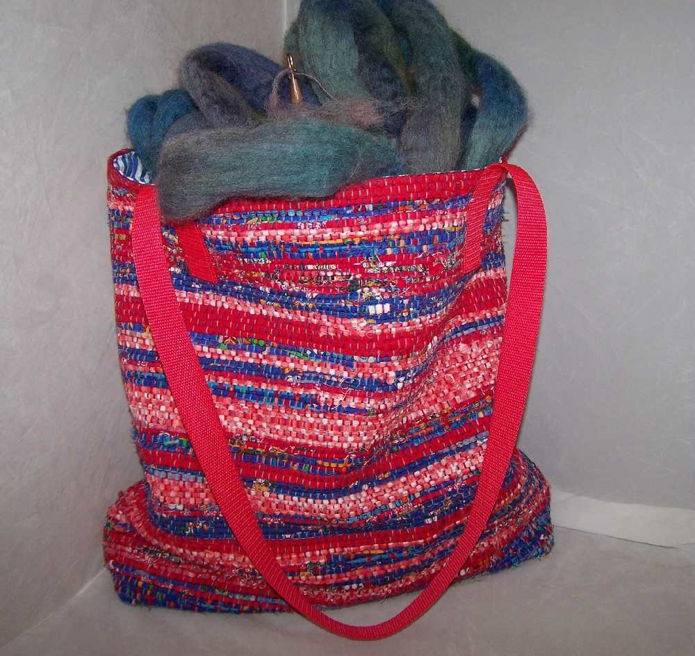 Handwoven Rag Tote Bag - Red Blue OOAK - Recycled