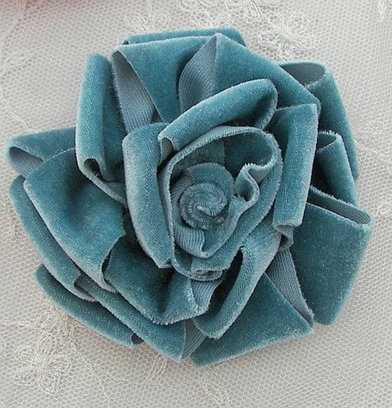 Velvet Ribbon Rose Fabric Flower Teal Hat Corsage Pin Baby Pageant Bridal Hair Accessory Applique