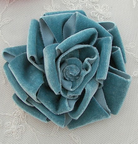 Velvet Ribbon Rose Fabric Flower Teal Hat Corsage Pin Baby Pageant Bridal Hair Accessory Applique