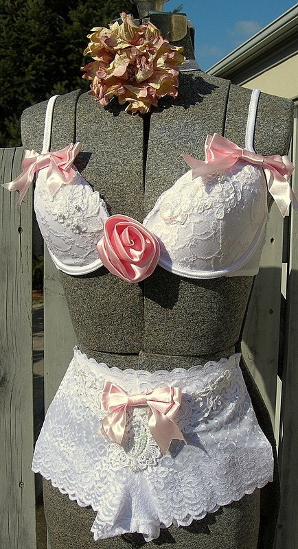 SALE White Lace Hand Embelished Bridal Lingerie Set