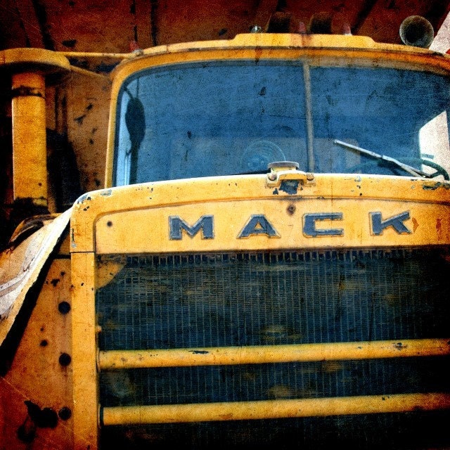 Vintage Yellow Mack Truck Fine Art Photograph Rusty Metal Truck Art Kid's Room Children's Room