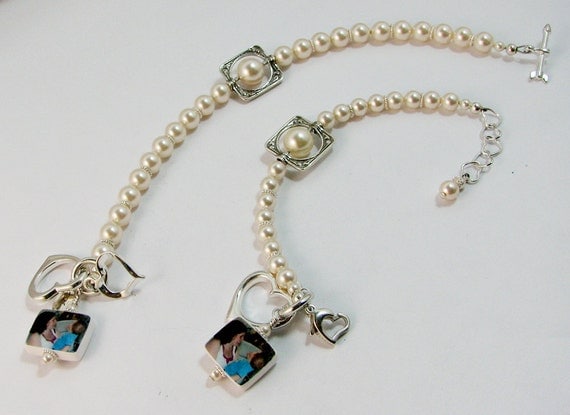 B18 - Flower Girl and Maid of Honor Pearl Bracelets with Sterling Heart and Small Photo Charm