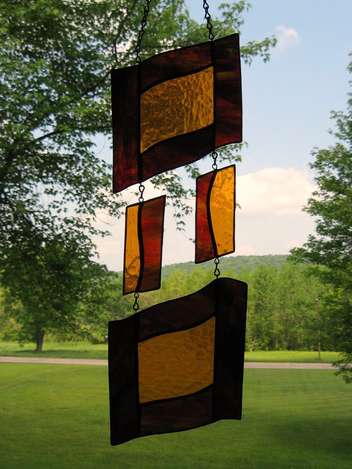 Stained Glass Suncatcher in Amber and Red-Green