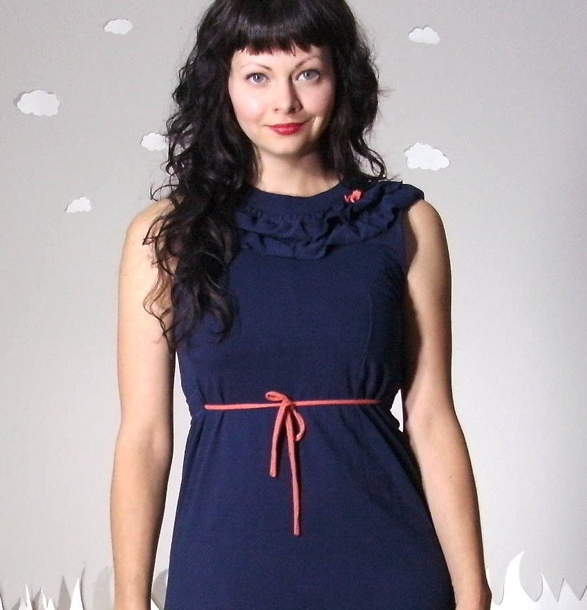 Eco ruffled t-shirt dress in navy blue cotton made to order IN BLOOM