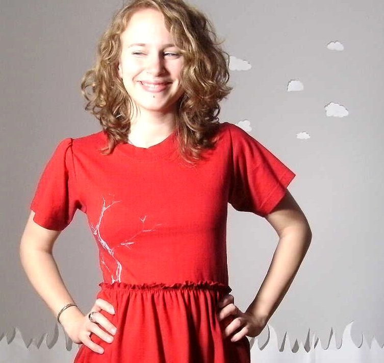 Eco tunic handmade cotton white branch screenprint red small URBAN FOLK