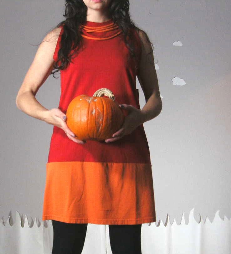 Upcycled dress color block red orange embellished large NIGHT SHIFT