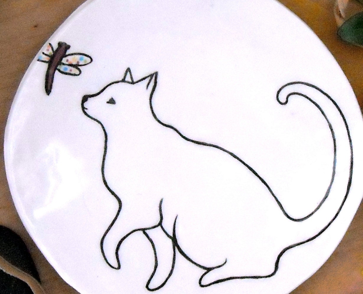Cat Dish - Kitty & Dragonfly Treat Plate - PLAY - HandMade Pottery Trinket Tray, Catchall, Spoon Rest, Jewelry, Ring Holder - Family Pet