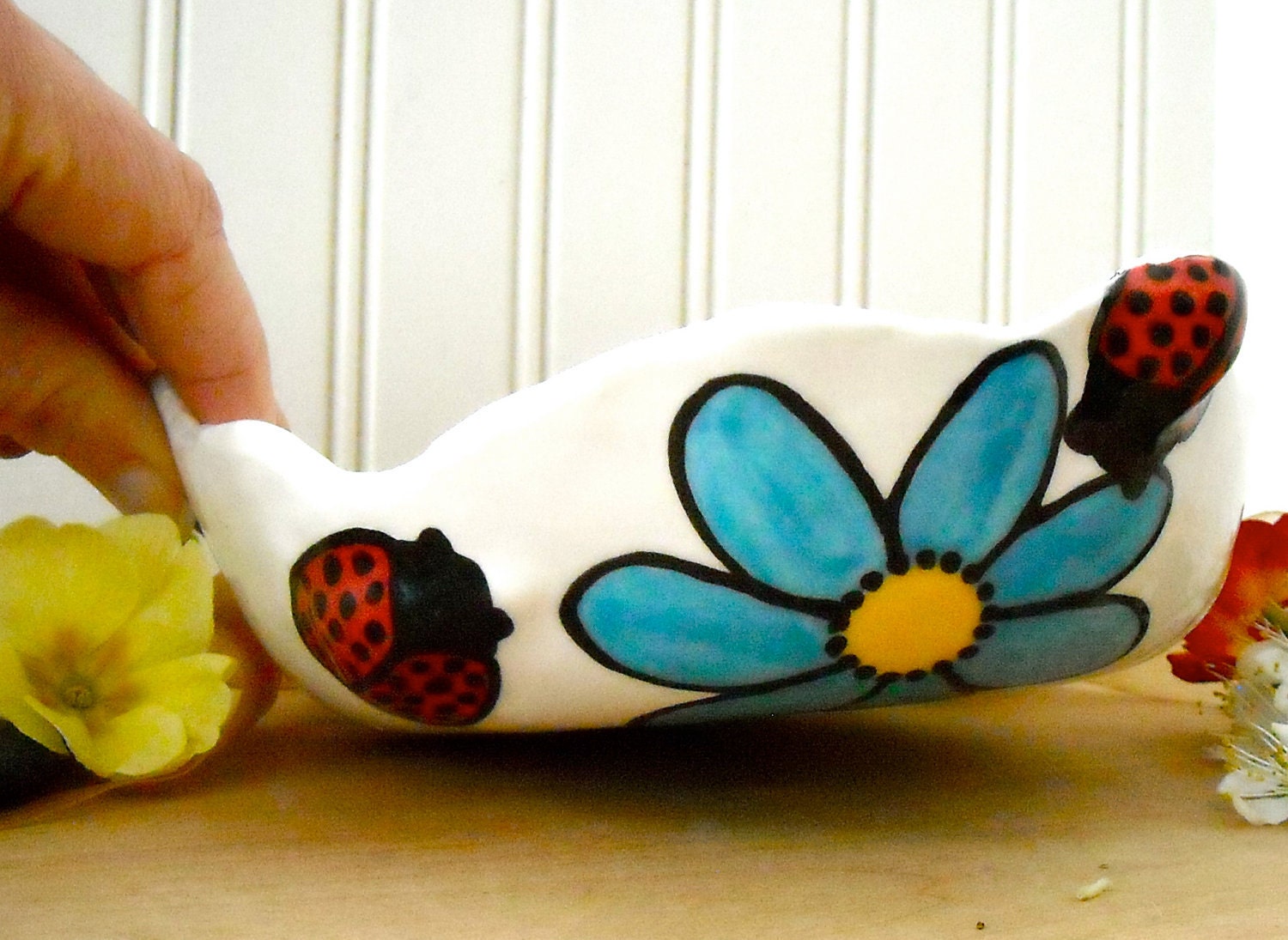 Lady Bug Bowl - HandMade Hand Built Colorful Flower & LadyBug Country Cottage Pottery - Happy Garden Ceramic Salad, Dessert or Candy Dish