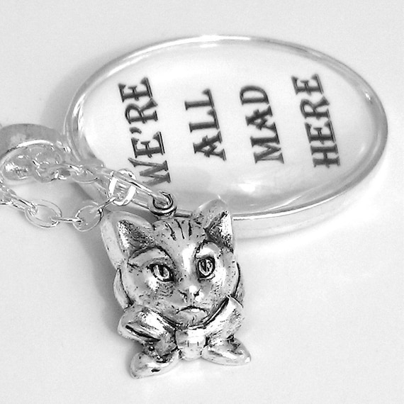 Cheshire Cat Alice In Wonderland Silver Pendant Necklace We're All Mad Here