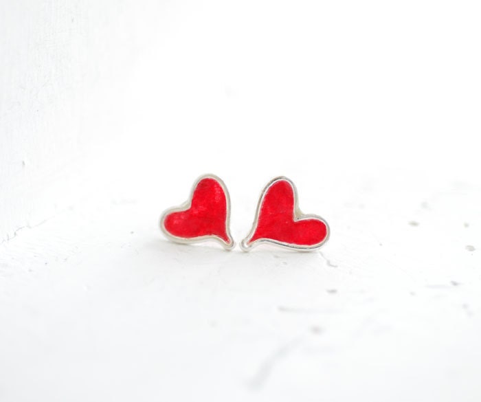Cherry Red Heart Stud Post Earrings, Sterling Silver Wearable Art, Christmas Valentine's Day Gift...
