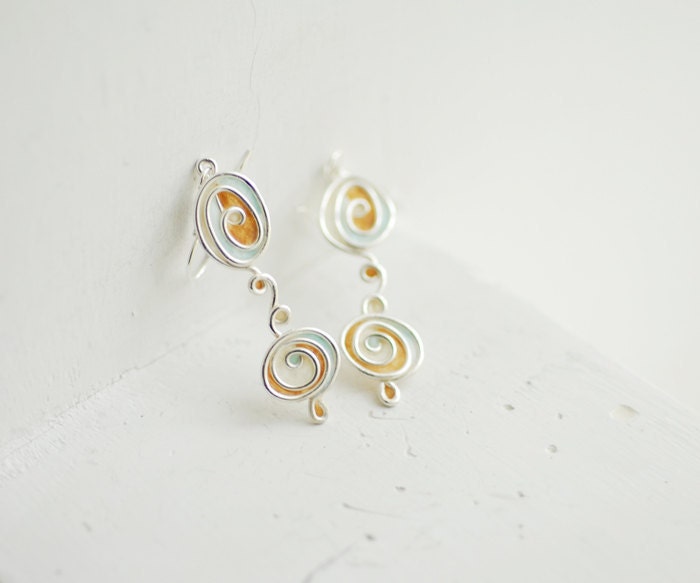 Surf and Sand Spiral Earrings in Sterling Silver, Ocean Nautical Inspired Jewelry, White Blue Sand...