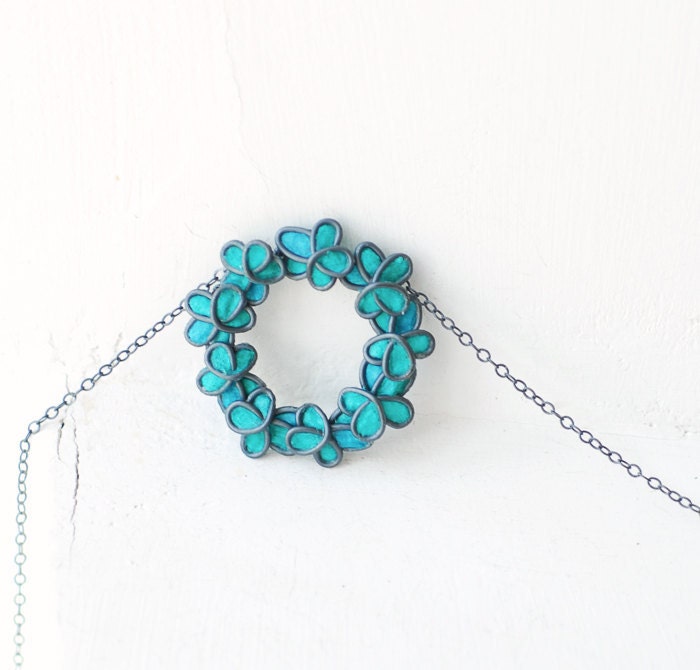 Turquoise Forget Me Not Flower Necklace, Sterling Silver Botanical Jewelry, Artisan Wearable Art....