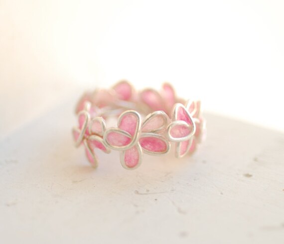 Pink Forget Me Not Ring, Sterling Silver, Paper Wearable Art Jewelry...