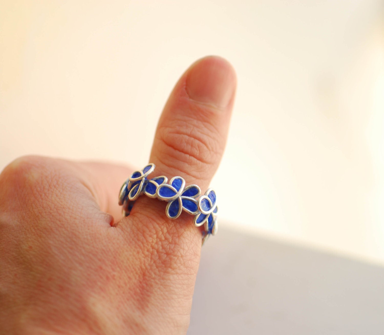 Forget Me Not Flower Ring, Bridesmaid Gift Jewelry Weddings Anniversary, Royal Blue Artisan Paper Jewelry Eco Friendly Sterling Silver...