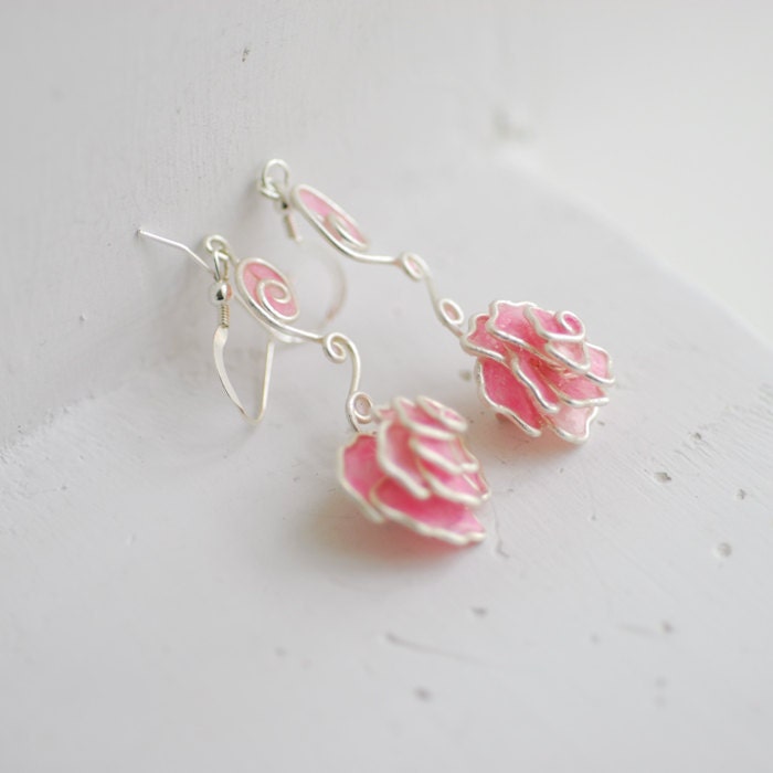 Rose Flower Earrings, Pale Pink, Delicate Artisan Jewelry, Paper Wearable Art...