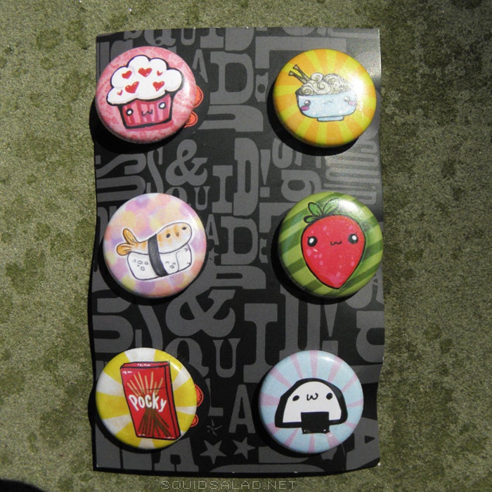 Yummy Cute Food 1" Button Pack (Kawaii Treats Buttons: Cupcake, Sushi, Pocky, Strawberry Onigiri & Noodles)