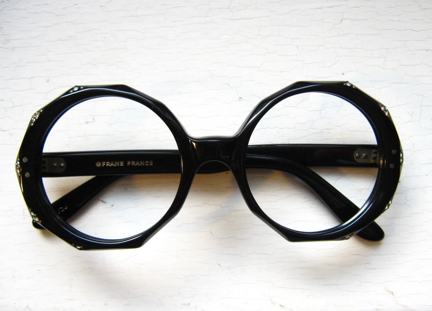 French 1960's Rhinestone Eyeglass Frames Made in France Vintage Oversized Large Round Black