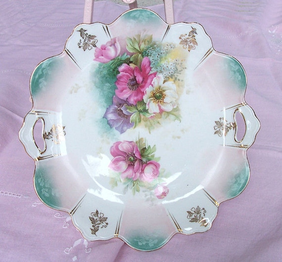 RS Prussia Pink and Aqua Handled Cake Plate/Server