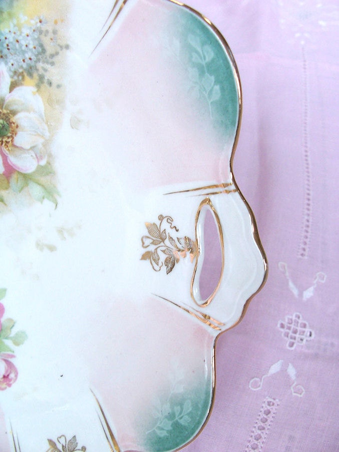 RS Prussia Pink and Aqua Handled Cake Plate/Server