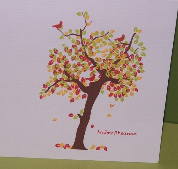 Personalized greeting cards Fall tree with birds and leaves (set of 10) Il_570xn