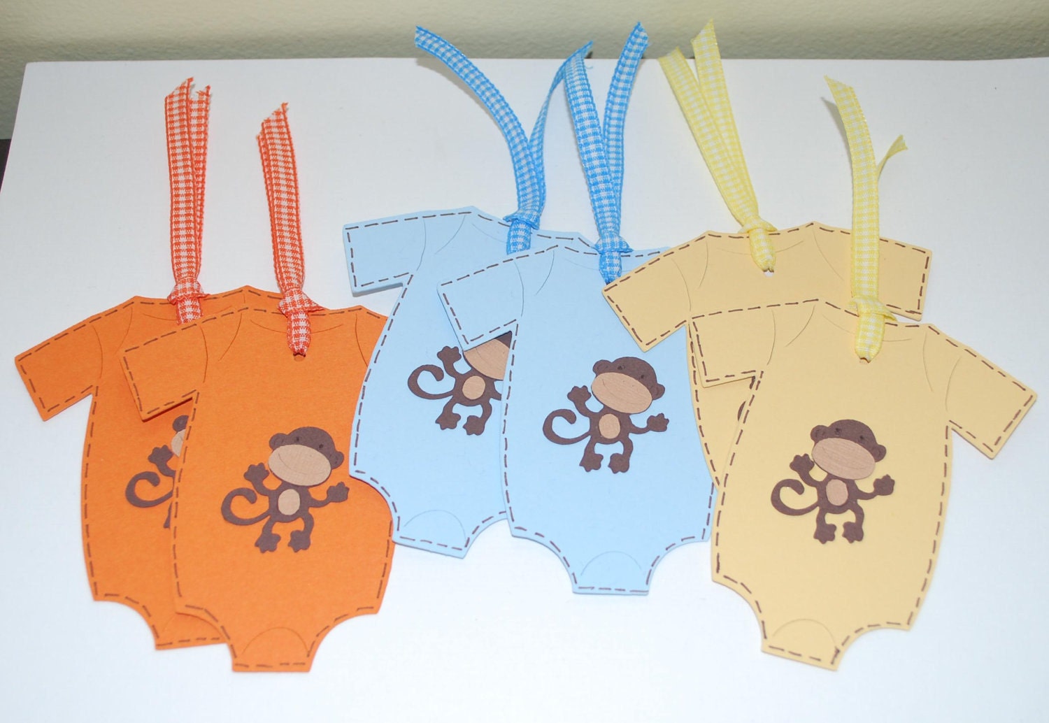 Baby shower onesie shaped gift tags orange, blue and yellow with brown monkey (set of 6) Il_570xn