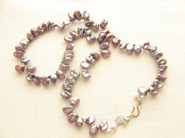 Handcrafted Elegant Blue Keishi Pearl Necklace with Sterling Silver Fish Clasp