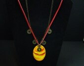 Hot Lava Cool Coins Red and Yellow Handcrafted Ceramic Pendant Suede and Metal Coins