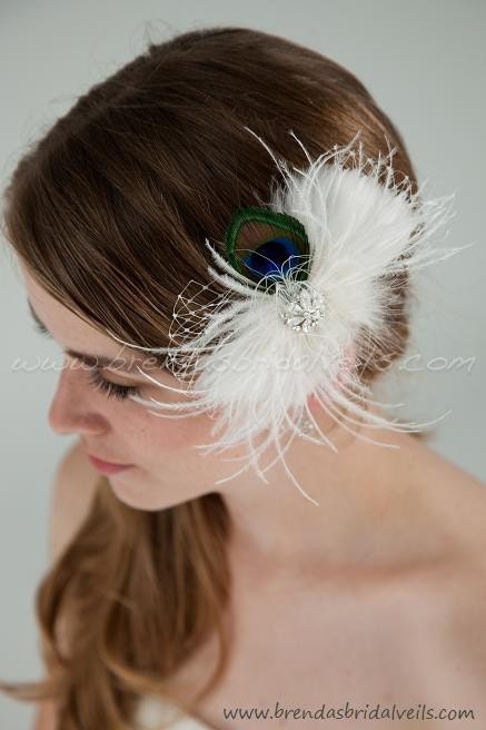 Feather Flower, Bridal Veil Birdcage Fascinator, Peacock Eye, Netting, Swarovski Rhinestones, White, Diamond White, Light Ivory, Black, Mia