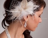 Ivory Feather Birdcage Fascinator with Champagne Peacock Eye and Fresh Water Pearl and Rhinestone Center - Takoda Hair Piece