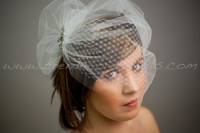 Bridal Veil Set, Double Layer Bandeau Birdcage Veil Tulle Over Netting, Rhinestone Brooch, White, Diamond White, Ivory, Champagne, Black