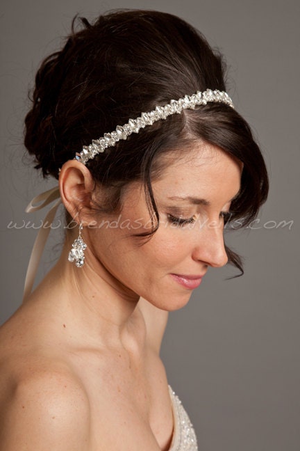 Crystal Rhinestone Ribbon Tie On Headband, Marquise and Round Cut Rhinestones, Wedding Headband - Jolie