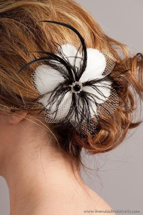 Soft White or Light Ivory Feather Flower Birdcage Fascinator with Jet Black Accents - Bree