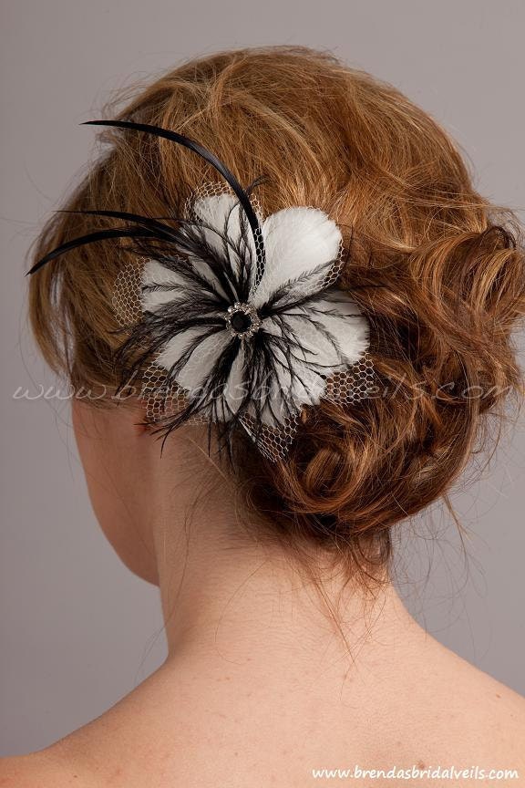 Soft White or Light Ivory Feather Flower Birdcage Fascinator with Jet Black Accents - Bree