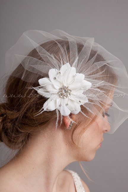 Bridal Birdcage Veil Set, Tulle Wedge Veil with Hand Cut Wild Rose Flower Fascinator, Wedding Veil Set