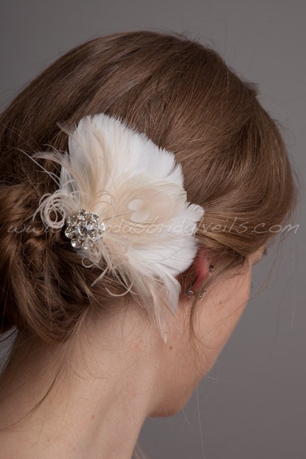 Hair Feather Fascinator, Ivory or Diamond White with Champagne Peacock Eye, Bridal Hair Birdcage Fascinator, Rhinestone Center - Justa