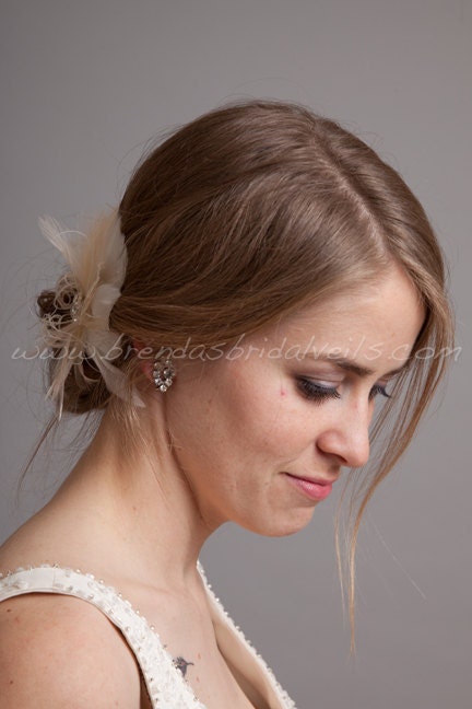 Hair Feather Fascinator, Ivory or Diamond White with Champagne Peacock Eye, Bridal Hair Birdcage Fascinator, Rhinestone Center - Justa