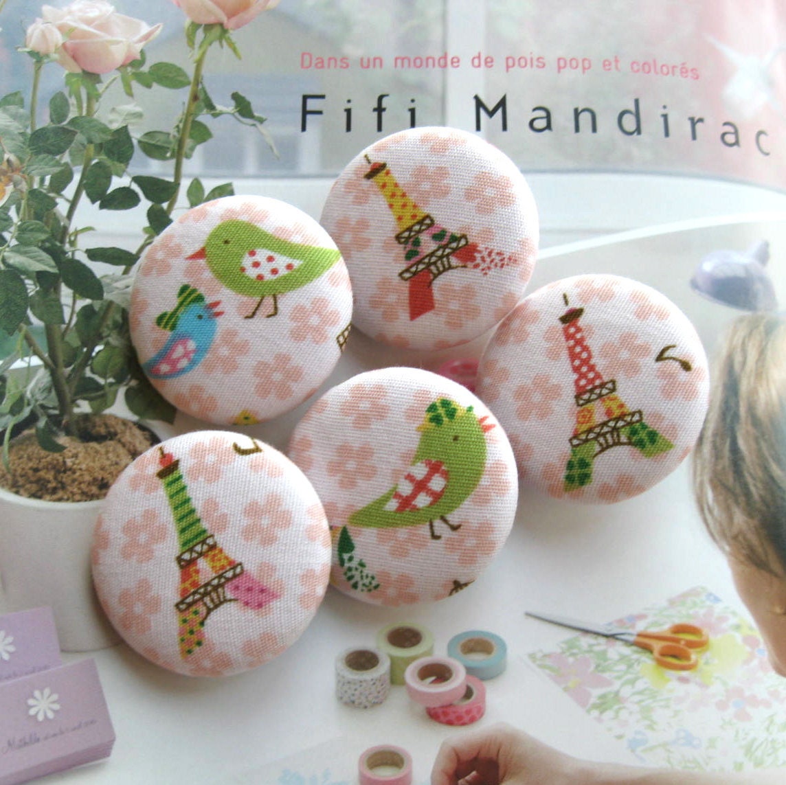 Handmade Fabric Buttons - Large Pink Green Blue Paris Tour Eiffel Tower Birds Fabric Buttons 1.5 Inch 5's