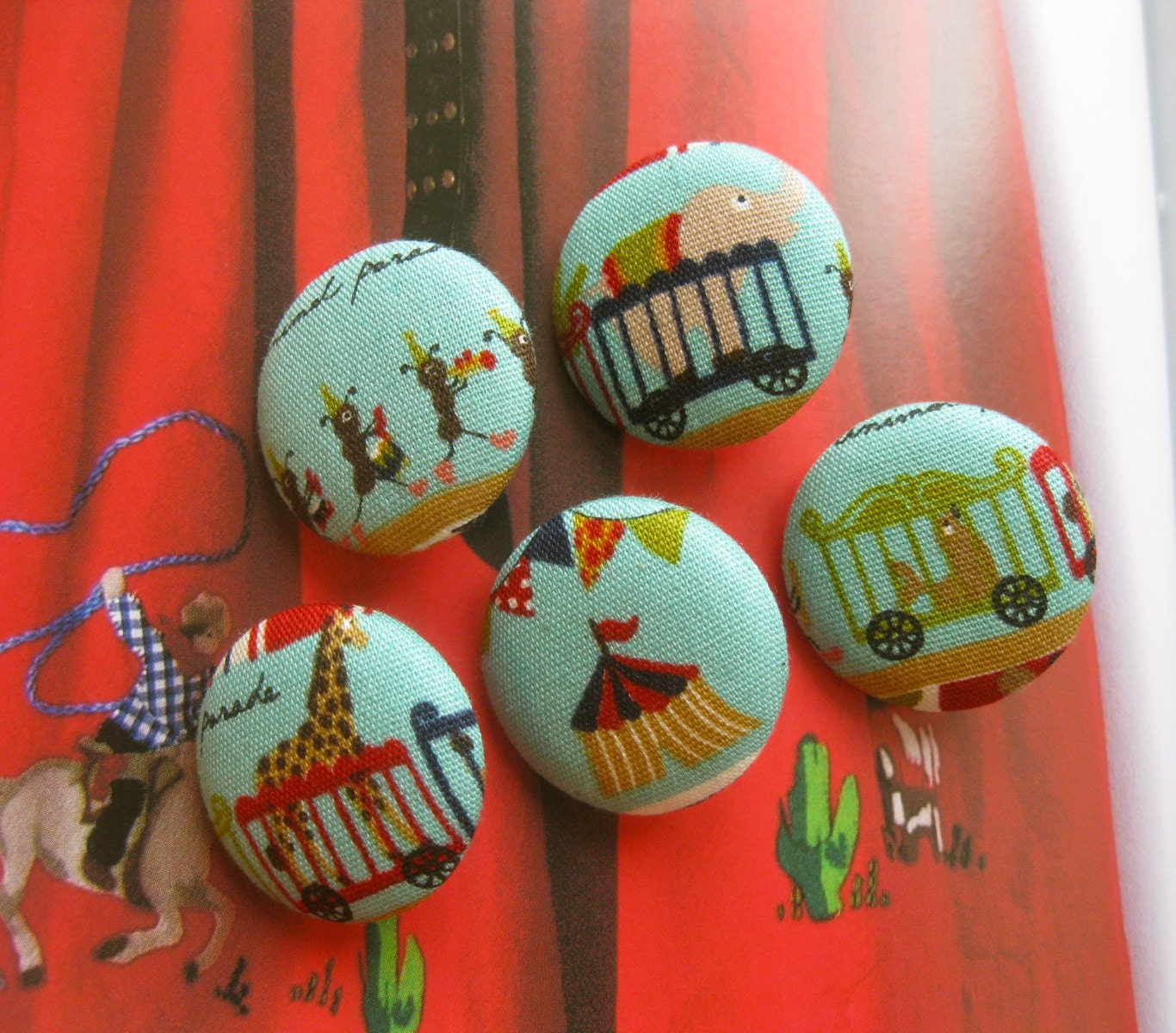 Handmade Fabric Buttons - Blue Red Elephant Ant Seal Circus Tent Carnival Handmade Fabric Buttons 1.2 Inch 5's