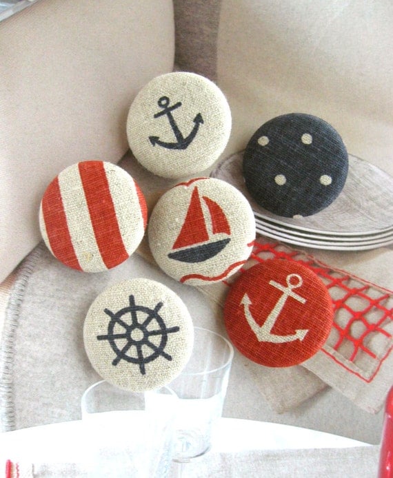 Handmade Fabric Buttons - Large Beige Red Dark Blue Anchor Nautical Marine Stripes Polka Dots Ship Handmade Fabric Buttons 1.25 Inch 6's