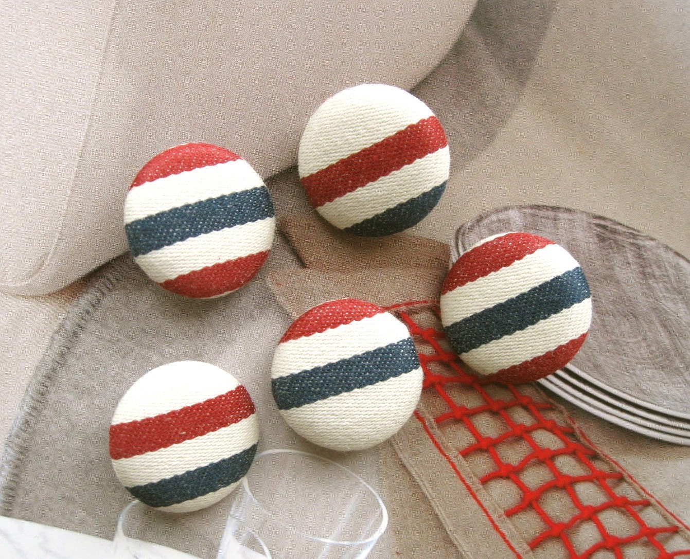 Handmade Fabric Buttons - Red Blue Cream French Airmail Nautical Marine Stripes Handmade Fabric Buttons 1.1 Inch 5's