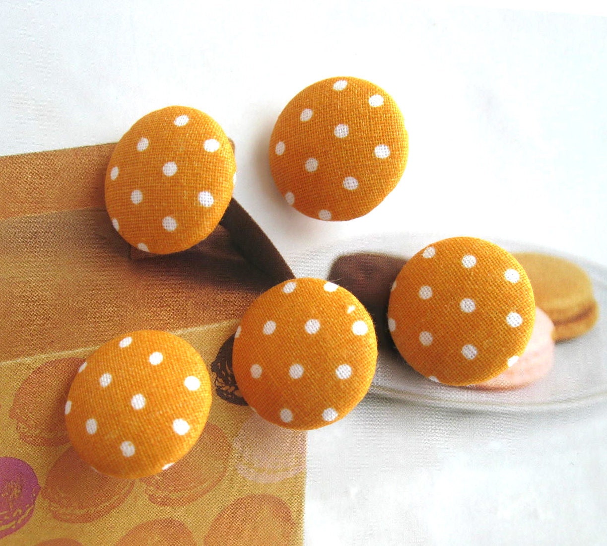 Handmade Fabric Buttons - Warm Orange White Polka Dots Handmade Fabric Buttons 0.8  /1 / 1.1 Inches 5's