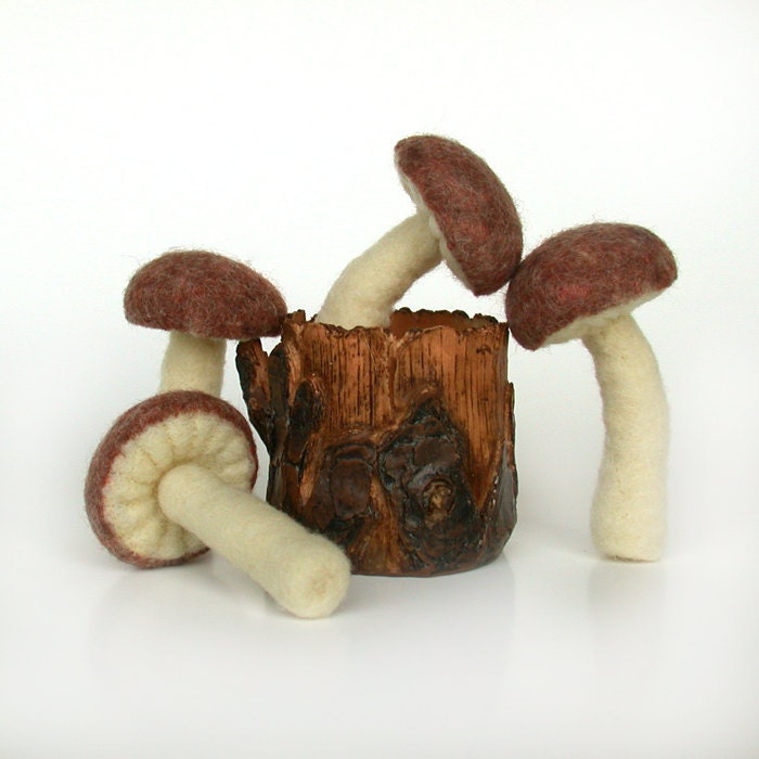Felted Mushrooms in Mixed Brown Set of Four Made To Order Nature Home Decor