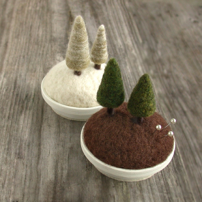 Snowy Pines - Frosty Fir Tree Pincushion Home Decor Scene Made to Order