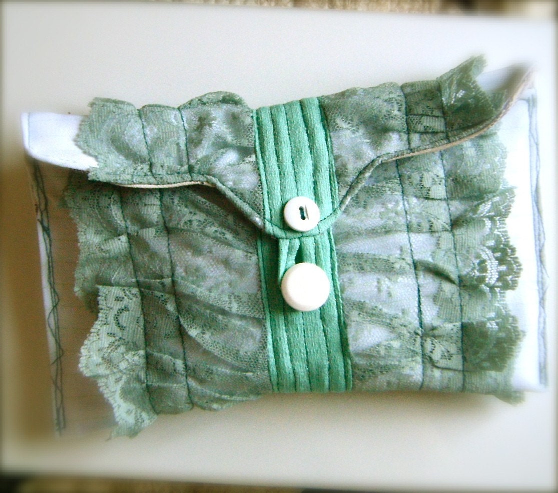 Nanami - ooak Clutch in White and Sea Green w Vintage Buttons