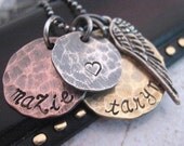My Angels - hand stamped necklace - Antiqued Mixed Metal Personalized Necklace - Angel Wing Necklace