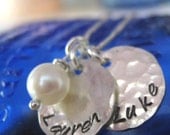 Hand Stamped Mommy Necklace - Two Loves - personalized mothers necklace with pearl