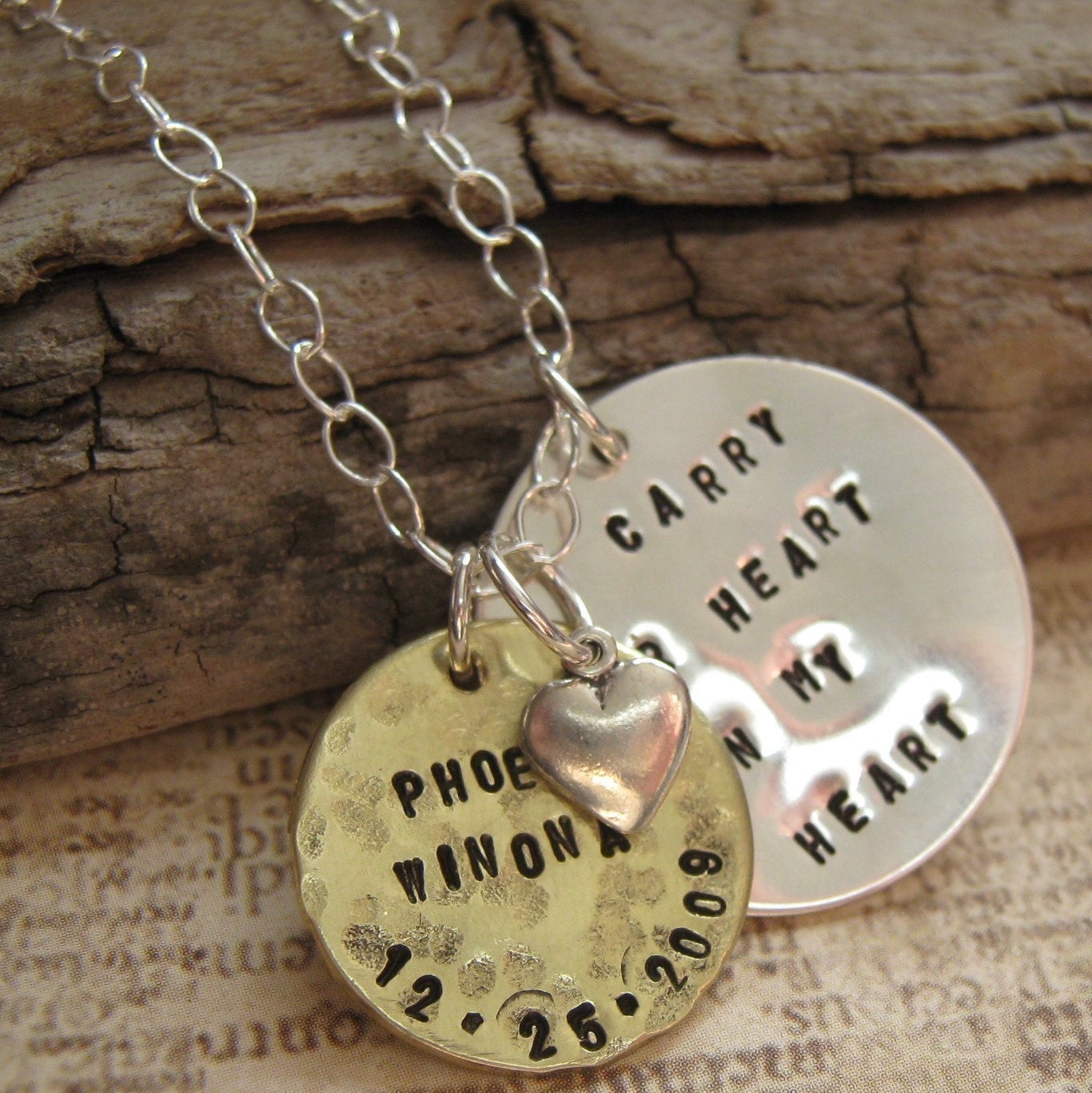I Carry Your Heart hand stamped personalized necklace in mixed metal